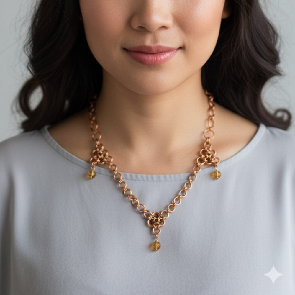 Golden Minimalist Chainmail Weave Necklace with Hazel Czech Crystal Pendants