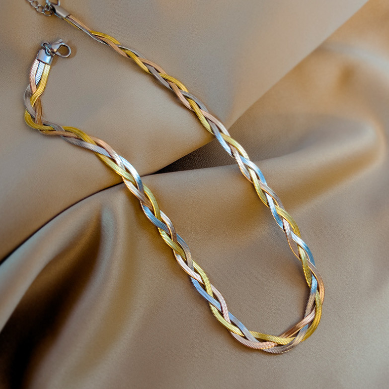 Women Titanium Stainless Steel Braided Flat Snake Chain Necklace 16-18″ AG