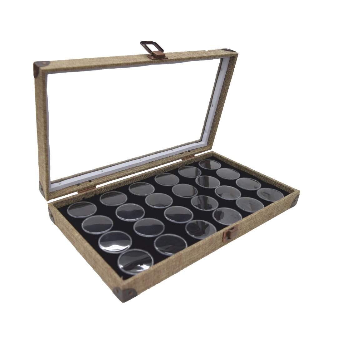 Novel Box Glass Top Burlap Clasp Jewelry Gem Display Case With Gem Jar Insert