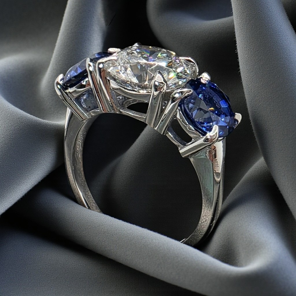 4.00 Ct E VS1 Sapphire and Diamond Lab Grown 3 Stone Ring 14k White Gold