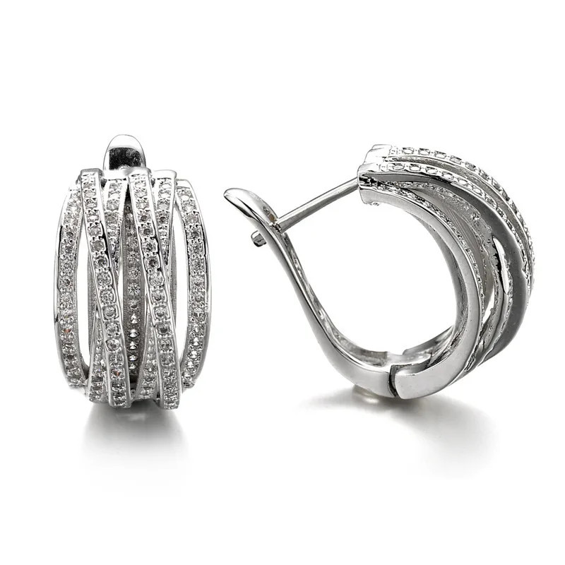 Silver Gold Crystal Multi-Row Hoop Earrings Women Cubic Zirconia Statement