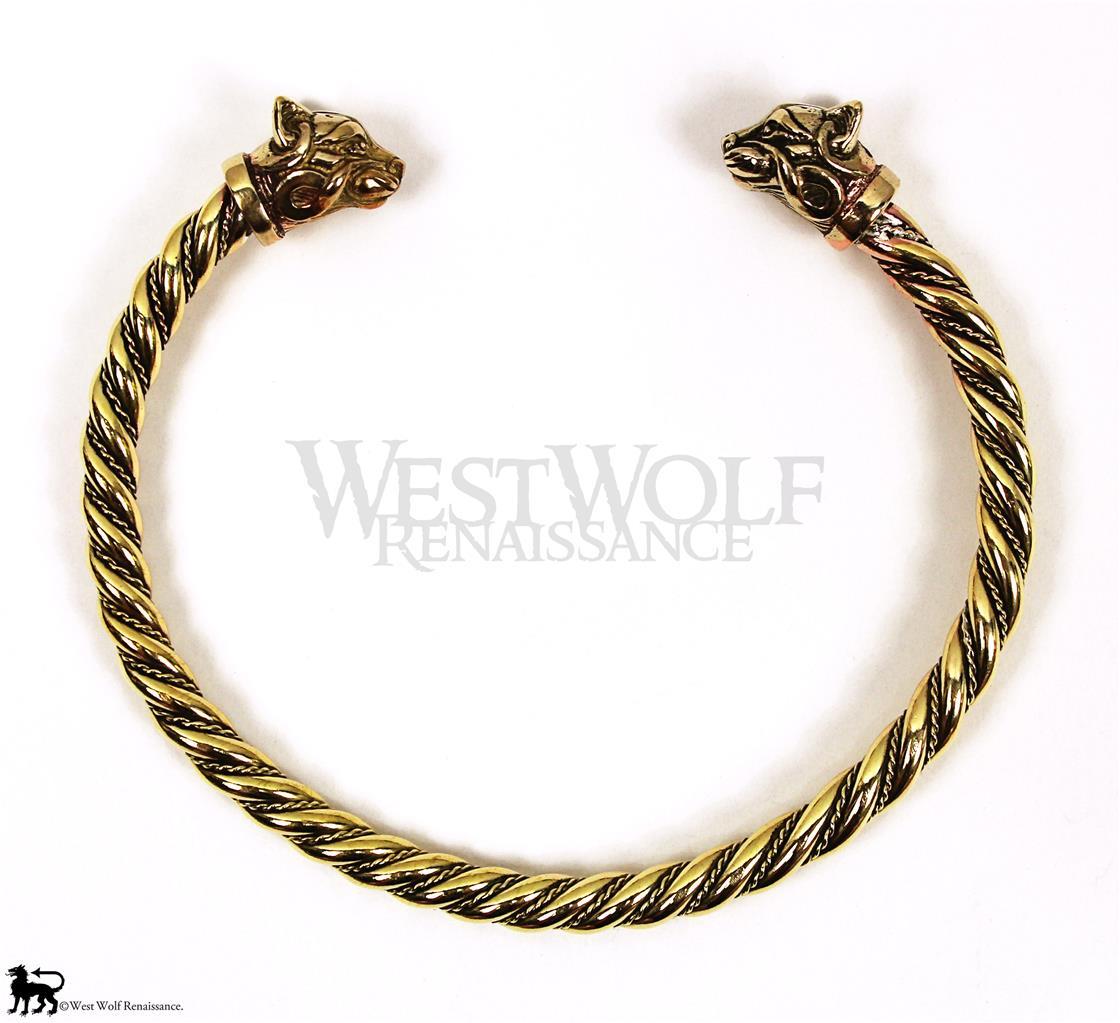 Viking or Celtic Cat Bracelet/Torc/Torque — Norse/Medieval/Feline/Jewelry/Gold