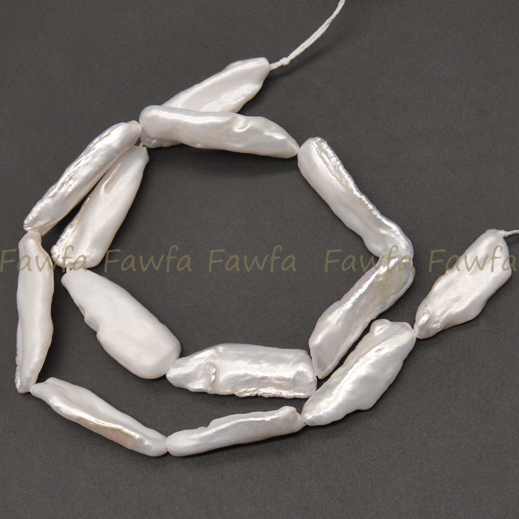 25-30mm Natural White Unique Biwa Long Baroque Freshwater Pearl Loose Beads 15”
