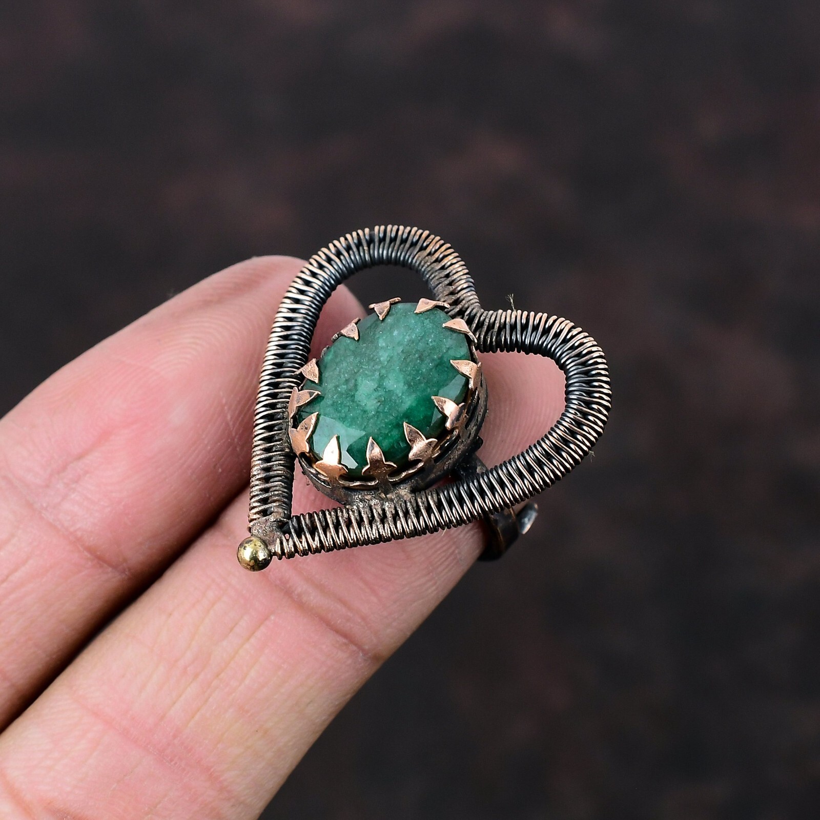 Valentines Deal Zambian Emrald Stone Copper Statement Wire Wrapped Ring Jewelry