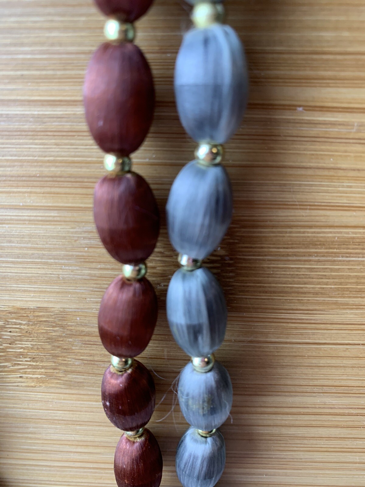2 Vintage Red and grey Silk Thread Necklaces Wrapped Beads /30 inches