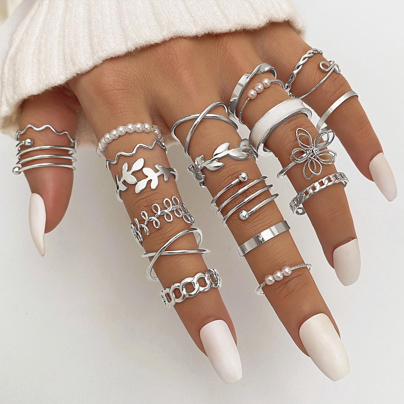IFKM 21 Pcs Silver Knuckle Rings Set For Adjustable (US SIZE 5-8),