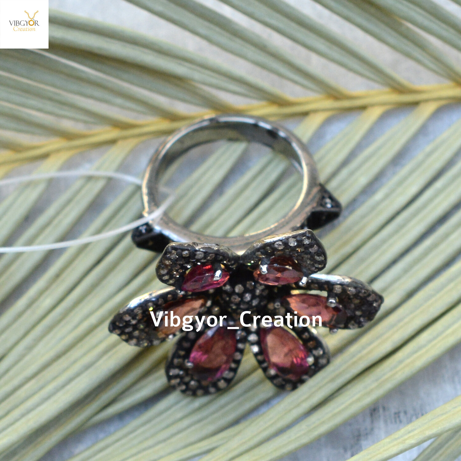 Pave Diamond Tourmaline Flower Ring 925 Solid Silver Wedding Anniversary Gift