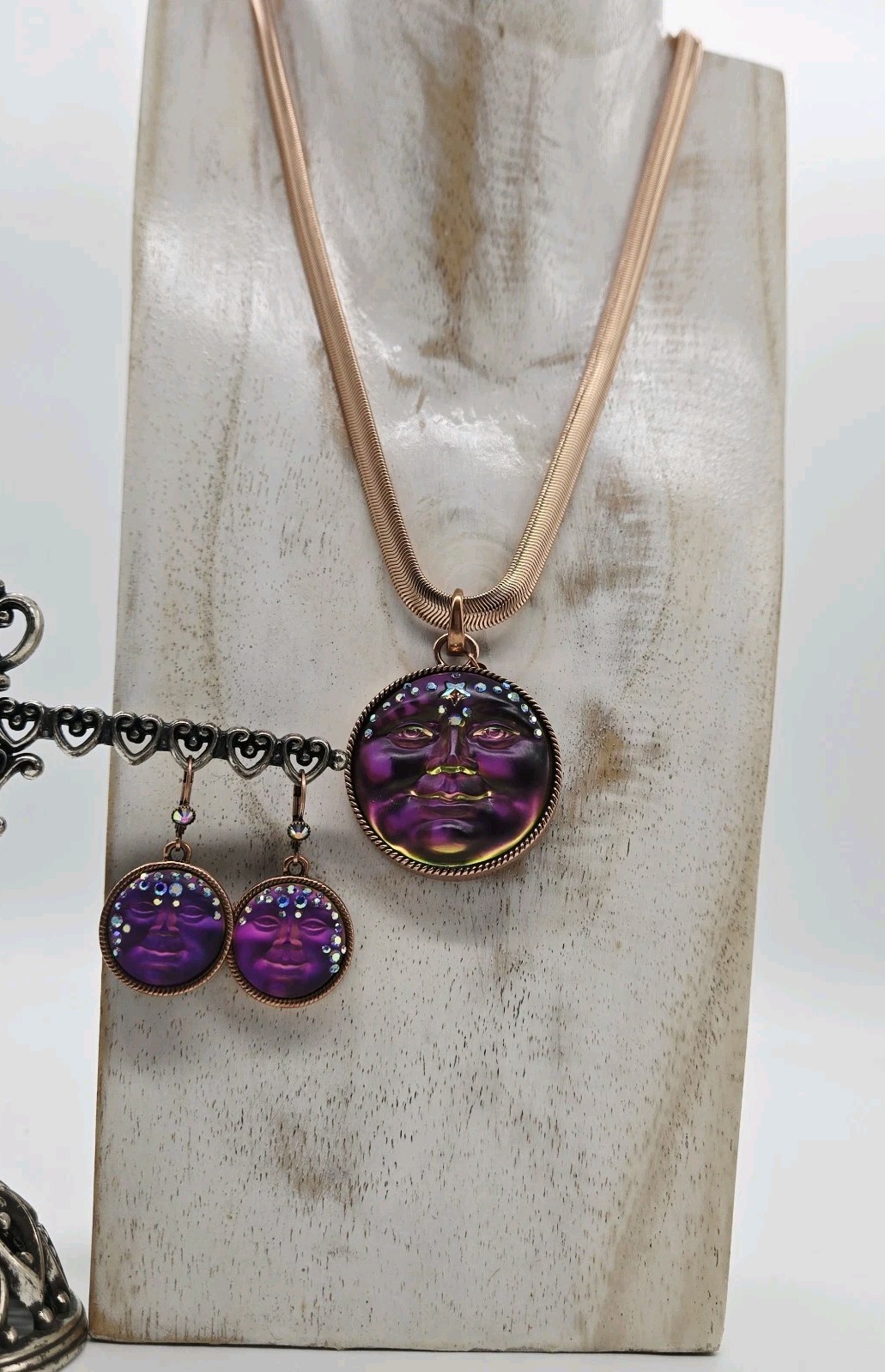 Kirks Folly Mystic Iridis Seaview Moon Compass Pendant Earrings Necklace 3pc set