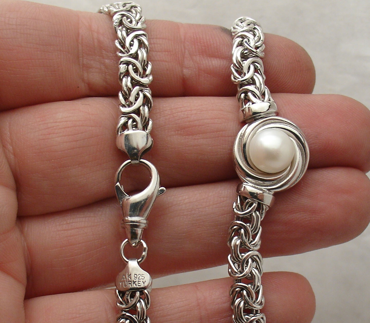 Technibond Pearl Center Byzantine Necklace Chain Anti-Tarnish Real 925 Silver