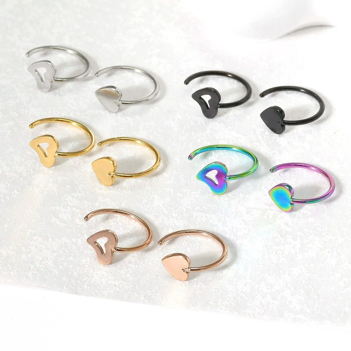 💖✨ C-Shaped Hollow Heart Nose Ring Set Stainless Steel – 2/5pcs – NEW