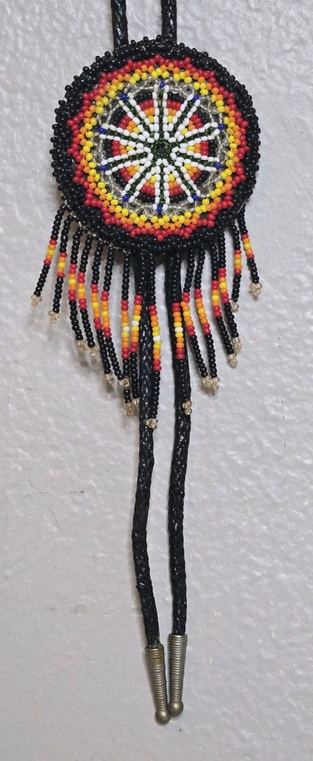 Native American Beaded Necklace Bolo Tie Black Yellow Red Orange Seed Beads 16″