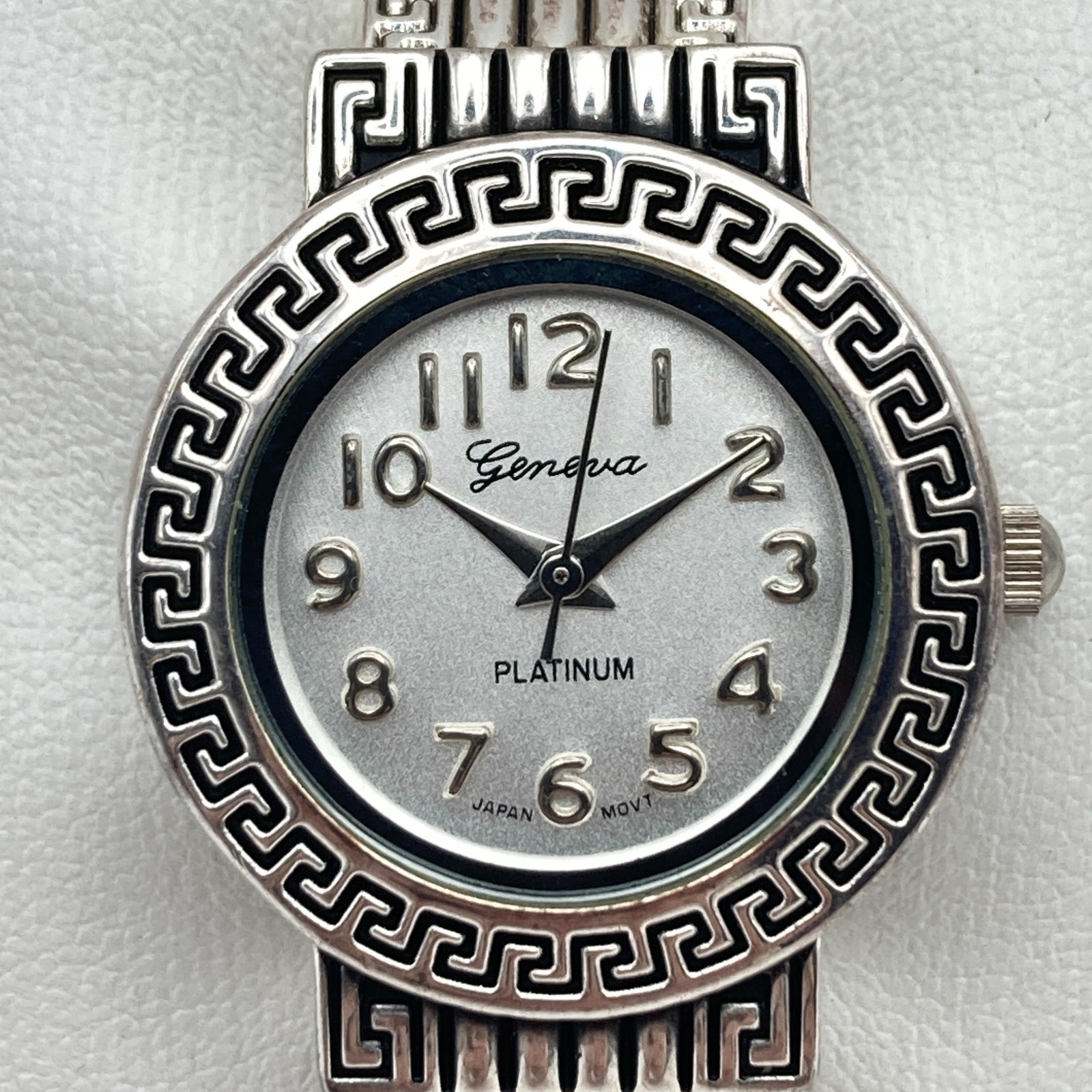 Geneva Women’s Watch 27mm Greek Key Silver Tone Cuff Round New Battery 6.25″