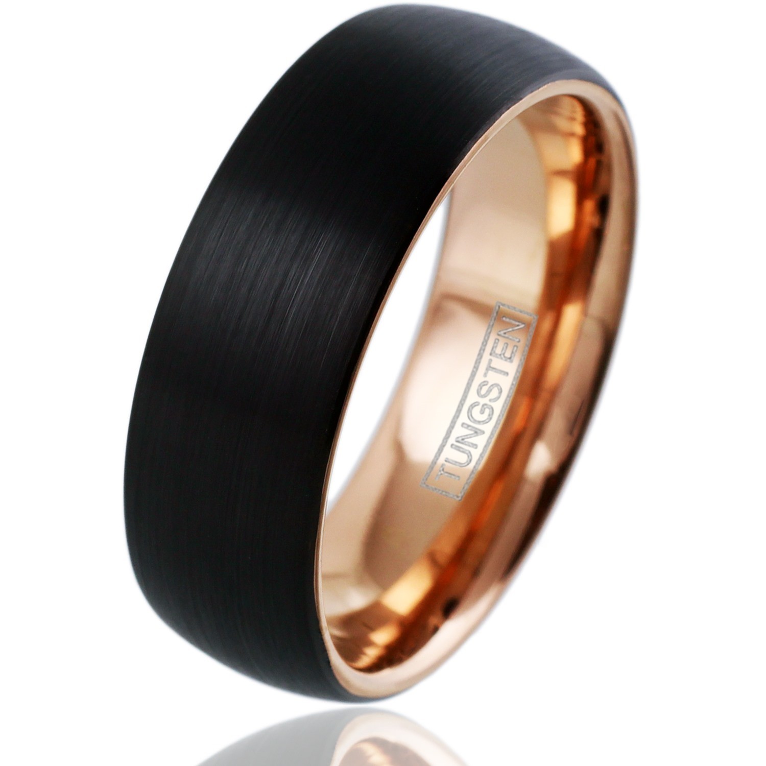 Black Brushed Tungsten Domed Rose Gold Plated Side & Inside Wedding Band Ring