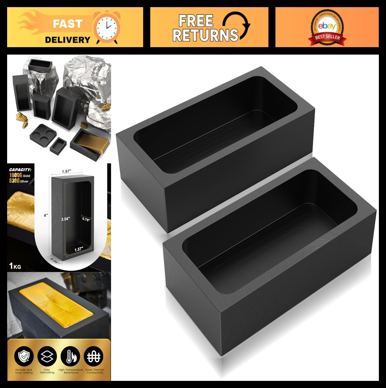 Premium Graphite Ingot Mold 1kg – 2 Pieces for Metal Casting – High-Purity Heat