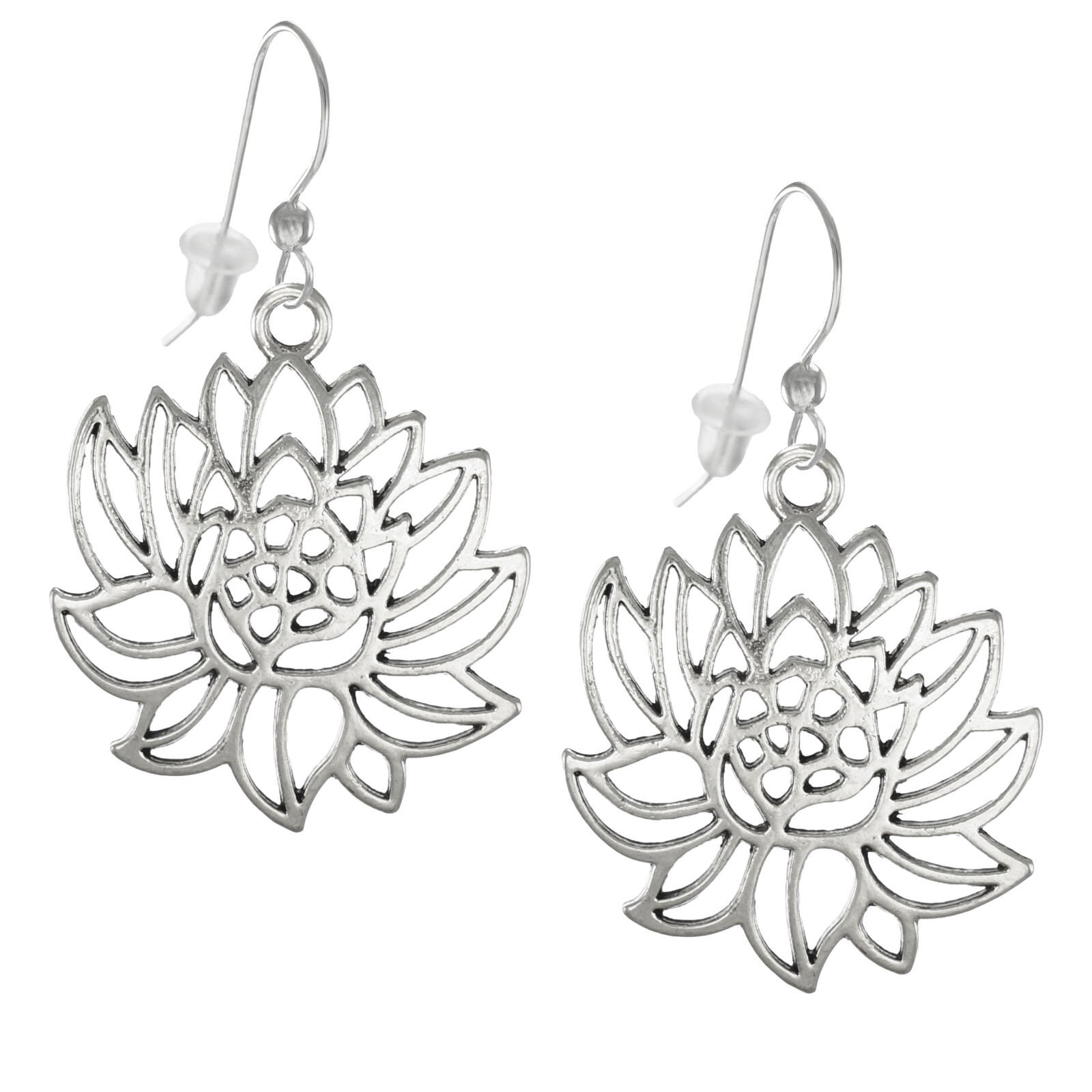 Silver Lotus Flower Dangle Earrings, Nickel Free, .925 Sterling Silver Ear Wires