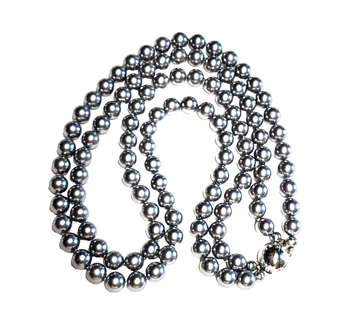 Vintage Silver Gray Long Faux Glass Pearl Necklace Pretty Push Lock Clasp 22”