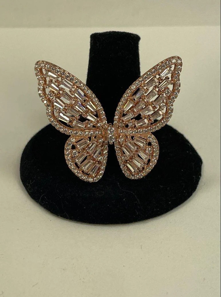 Rose Gold Tone 925 Sterling FZN Clear Glass Gems Filigree Butterfly Ring 8.13g