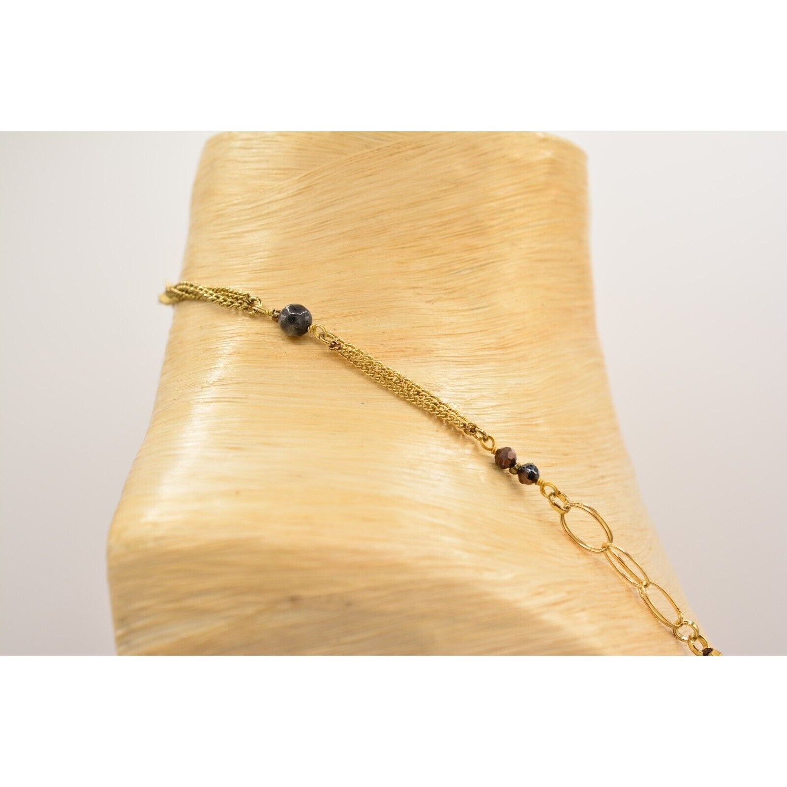 Nakamol Cabochon Necklace Blue Gray Crystal Beaded Chain Gold Tone SIgned 9J