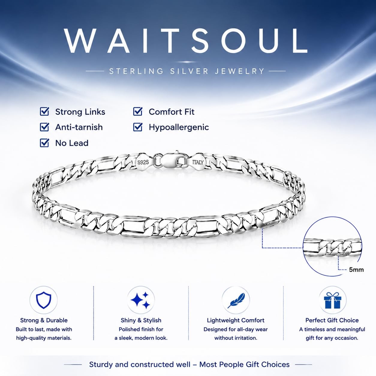 Waitsoul 5MM sterling silver Figaro Bracelet 925 Silver Link Chain Bracelet