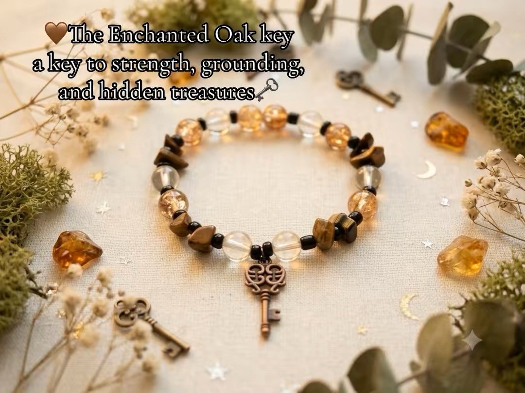 Key Charm Beaded Bracelet, Clear and Brown Round and Stone Beads, 8 in