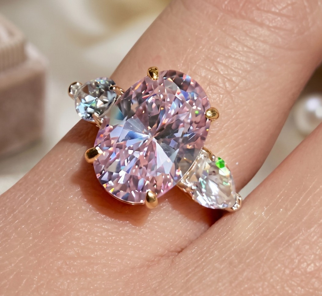 925 Silver, Pink & White Diamond Ring, 10 Ct Certified Treated, Great Sparkle