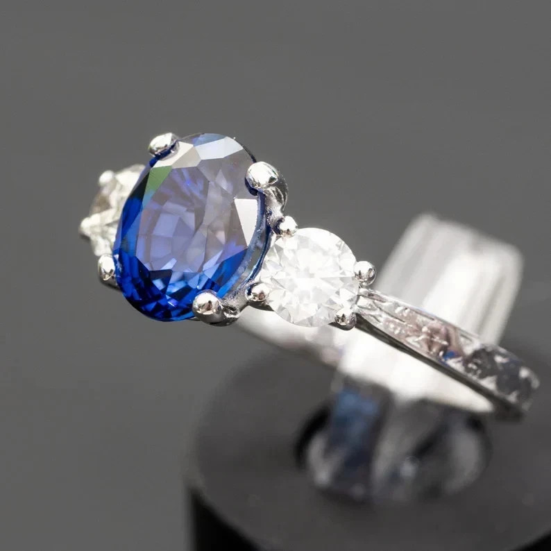 2.80 Ct Oval Natural Sapphire & Diamond Wedding Ring Sterling Silver