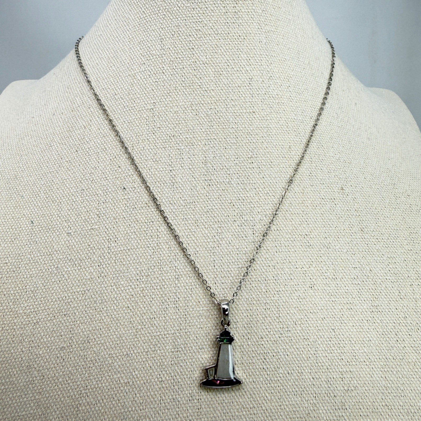 Lighthouse Pendant Necklace Silver Tone Mother of Pearl Abalone Shell Nautical