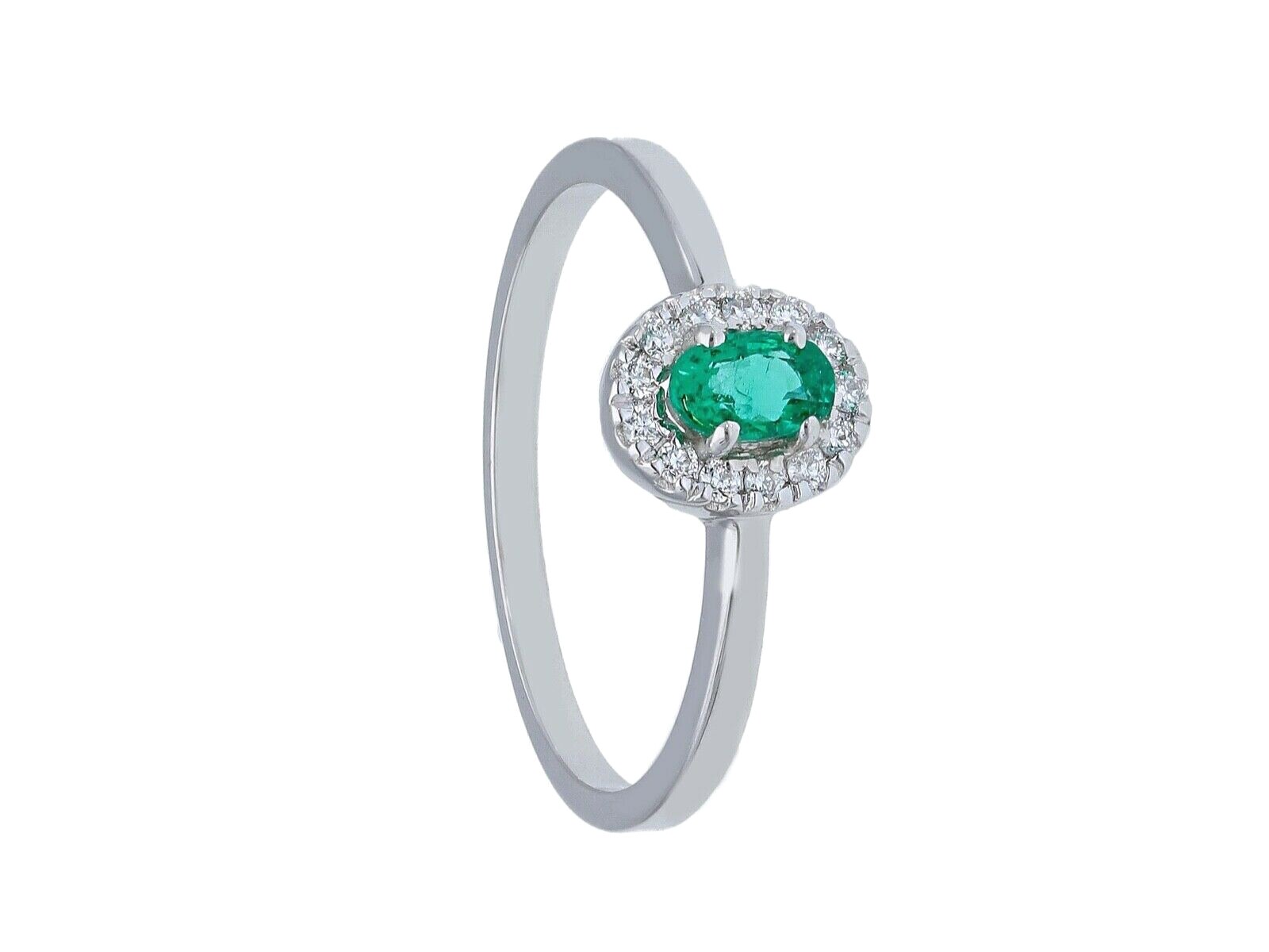 SOLID 18K WHITE GOLD RING WITH OVAL CUT EMERALD 0.27 Carats AND DIAMONDS FRAME