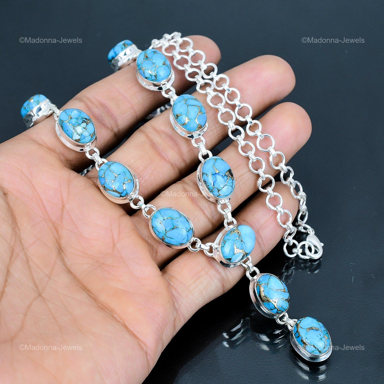 Sterling Silver Copper Blue Turquoise Stone Chain Throat Chakra Necklace Jewelry