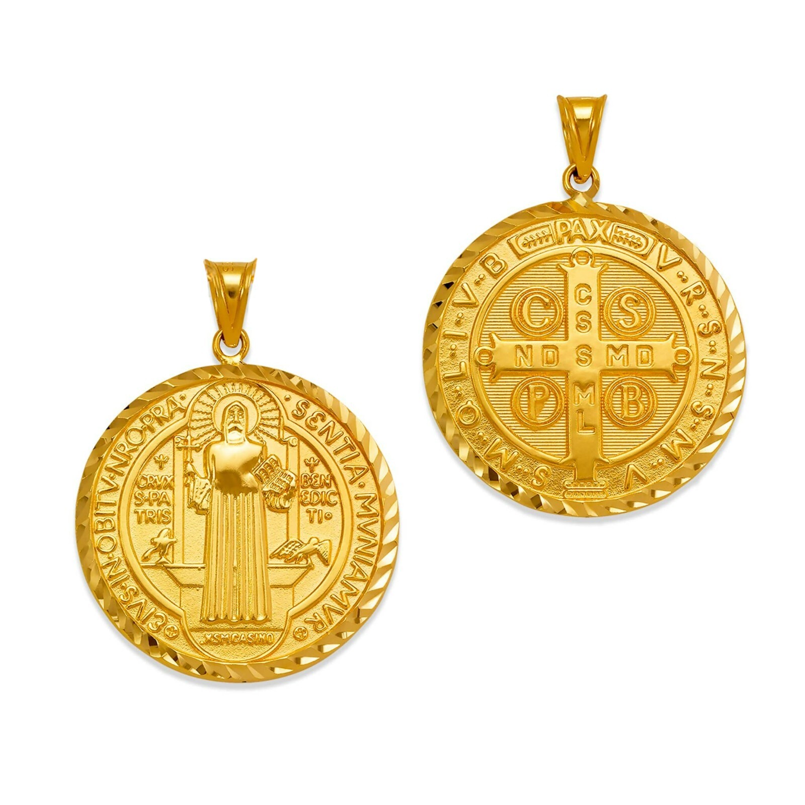 San Benito Medal Pendant Solid 14K Real Gold Saint Benedict Medallion Two Sided
