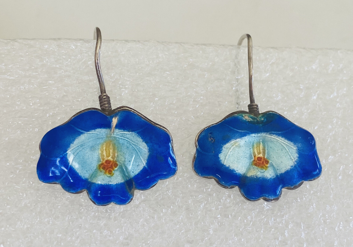 Antique Vintage Chinese Export Sterling Silver Blue Enamel Dangle Earrings