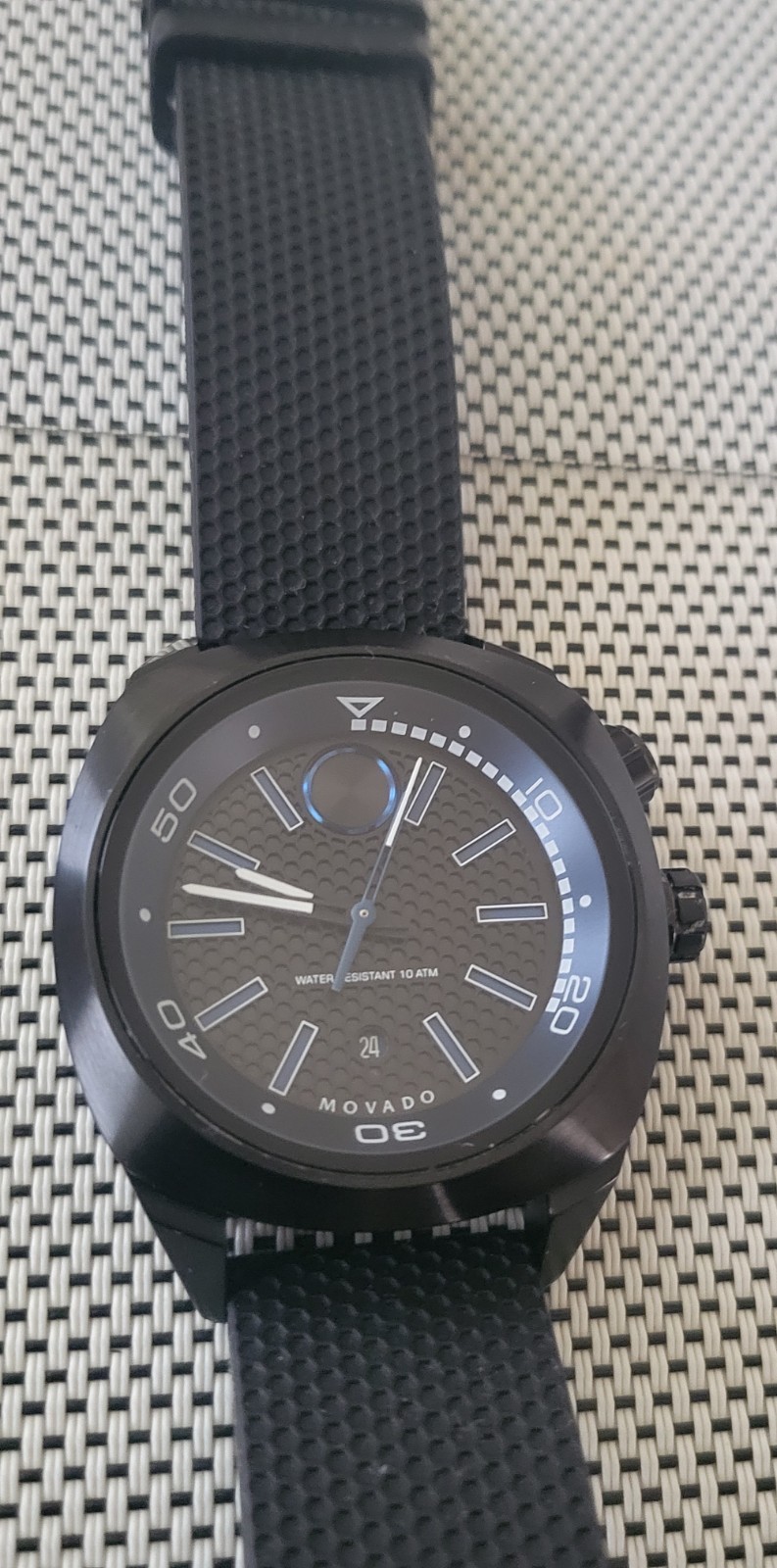 Movado Bold Men’s Quartz 44mm Black/Blue Dial Rubber Strap 100m Date Box