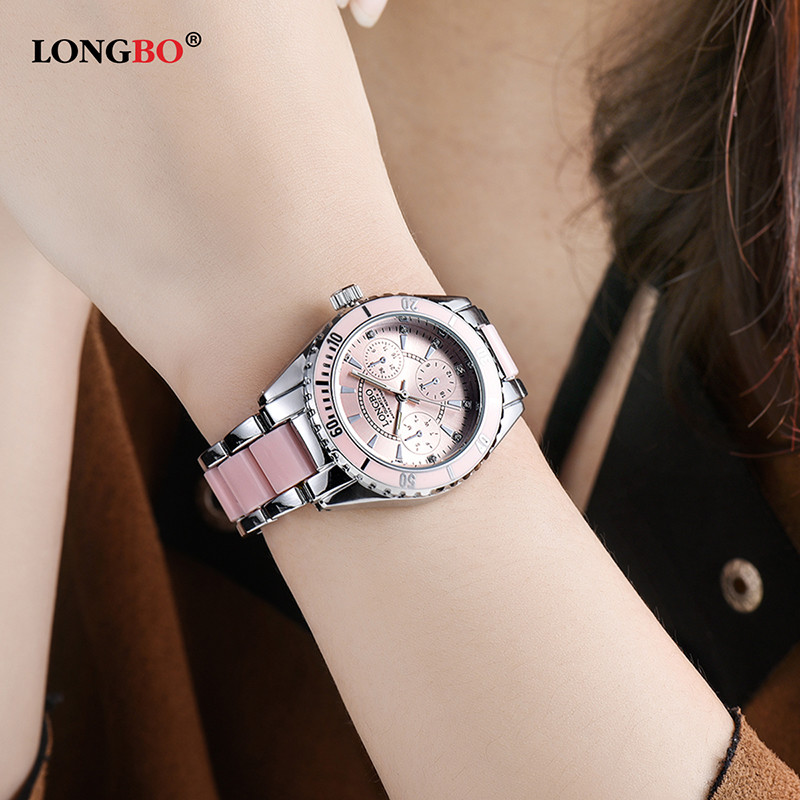 Longbo Women’s Watch Pink White Silver New Free Track Wristwatch Quartz Fashion