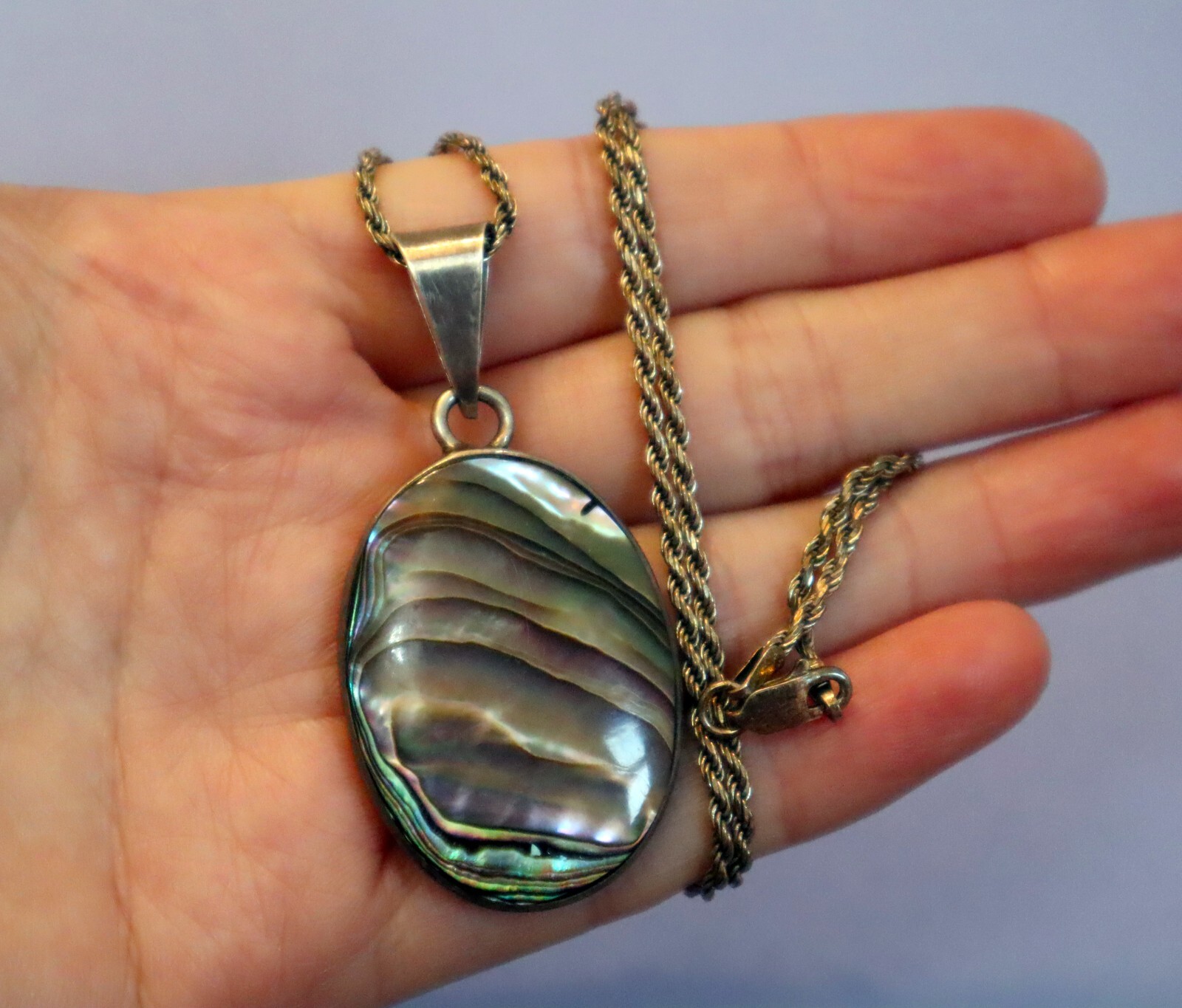 Large Vintage Abalone Shell Pendant Necklace Set Sterling Silver 20.5 in Chain