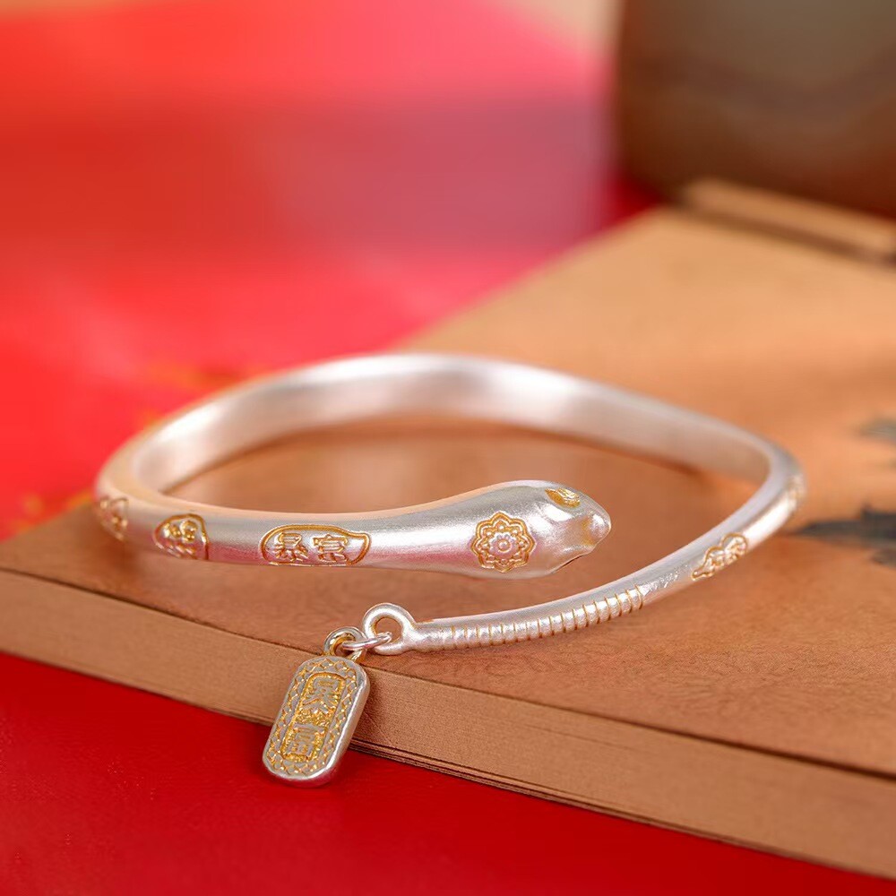 Pure S999 Fine Silver Bracelet Enamel 5mm Snake Open Bangle 34-35g Dia:56mm