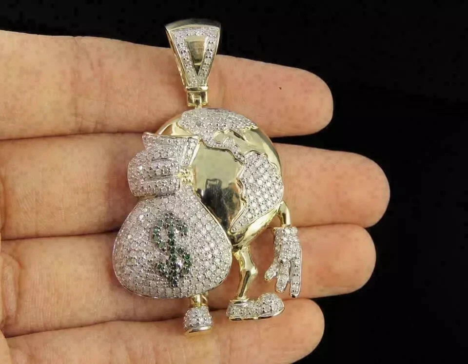 1.50Ct Round Cut Diamond Men’s Globe Money Bag Pendant in 14k Yellow Gold Over