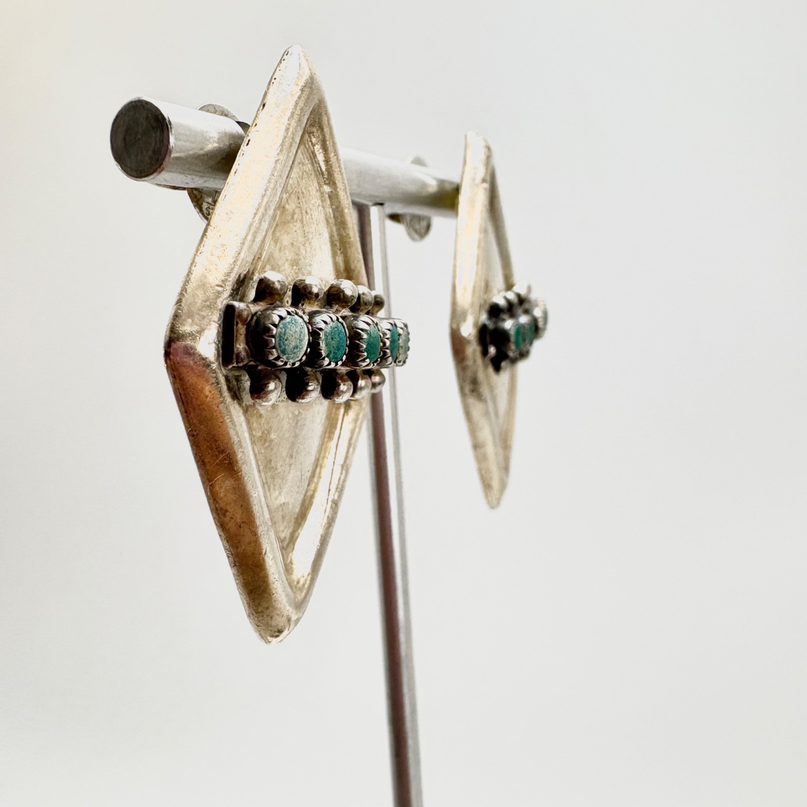 Turquoise Kite Diamond Shape Earrings Sterling Silver 925 Puffed 1.3″ L