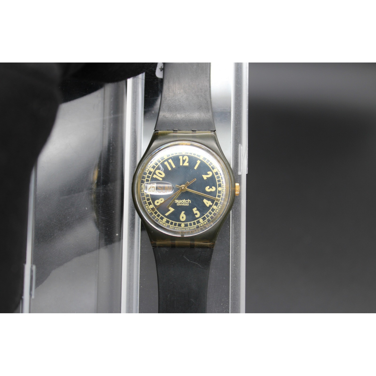 Vintage 1992 Swatch Gent Day-Date Black Gold Dial Olive Case Swiss Quartz Watch