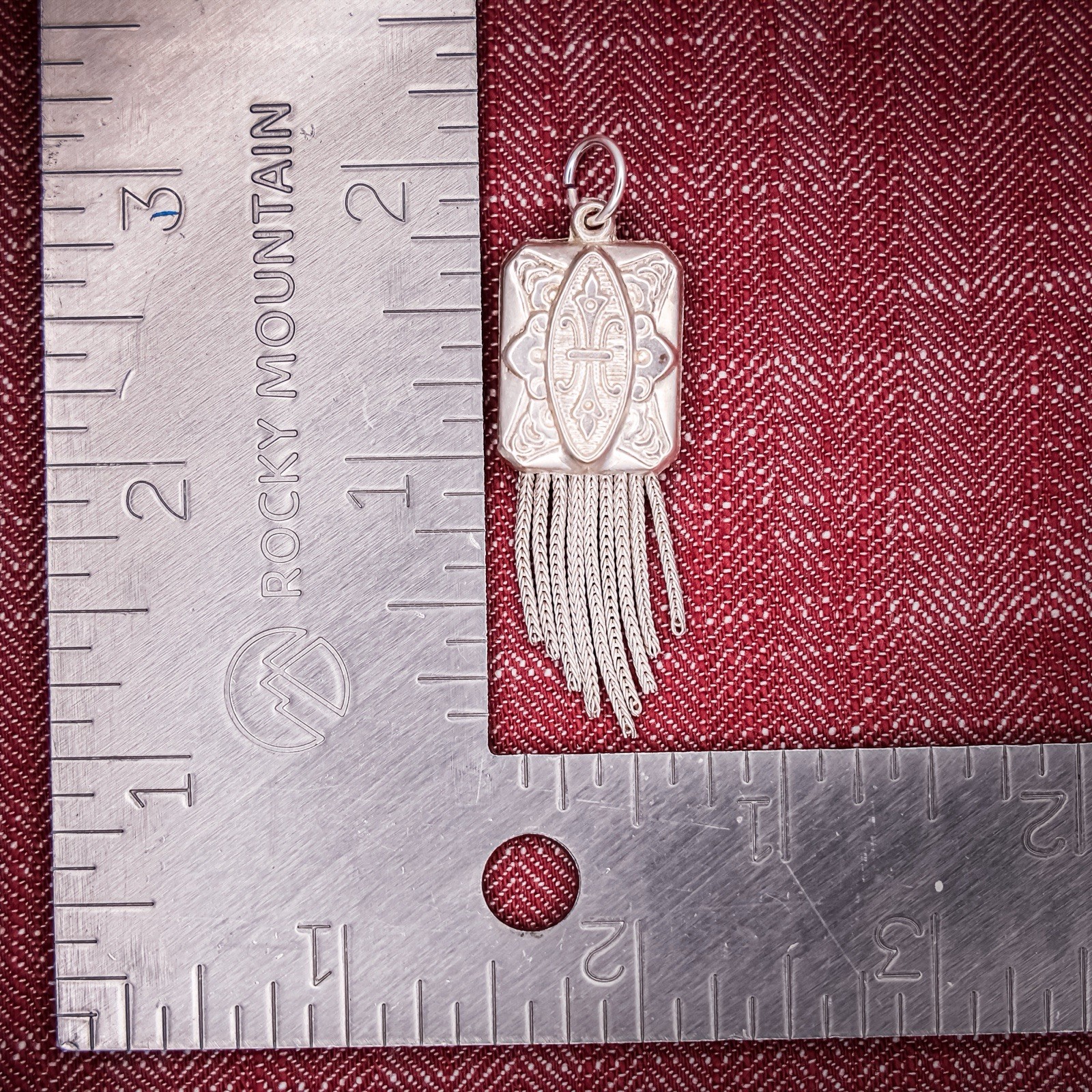 Antique French Puffy Rectangle Tassel Charm Sterling Silver Die Struck 19th
