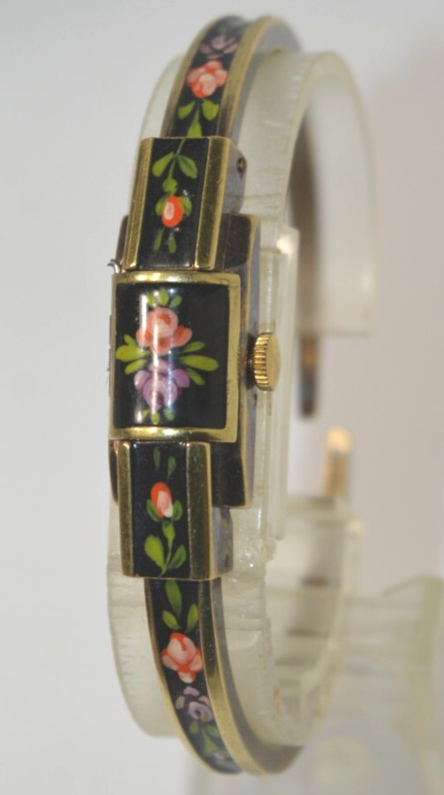 LAZARUS”FOND ACIER INOXYDABLE” Swiss Enamel Bracelet Womens watch RARE”
