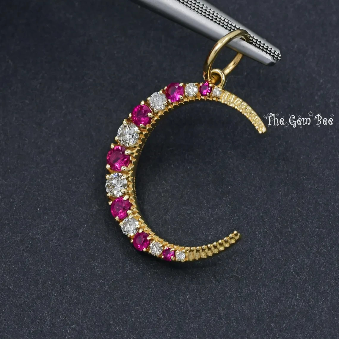 18.5×22.5mm 14K Solid Yellow Gold Diamond Natural Ruby Crescent Moon Charm