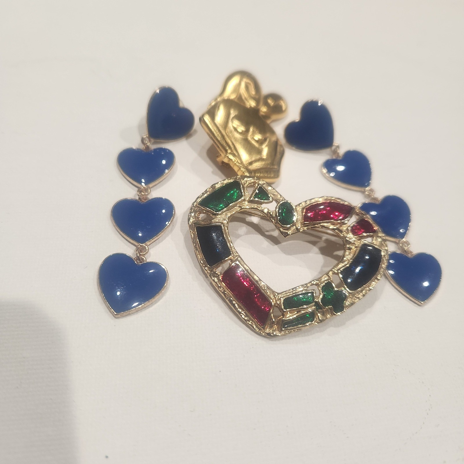 JJ Signed Mother Child Heart Enamel Brooch Pin Set Blue Hearts Dangle Earrings