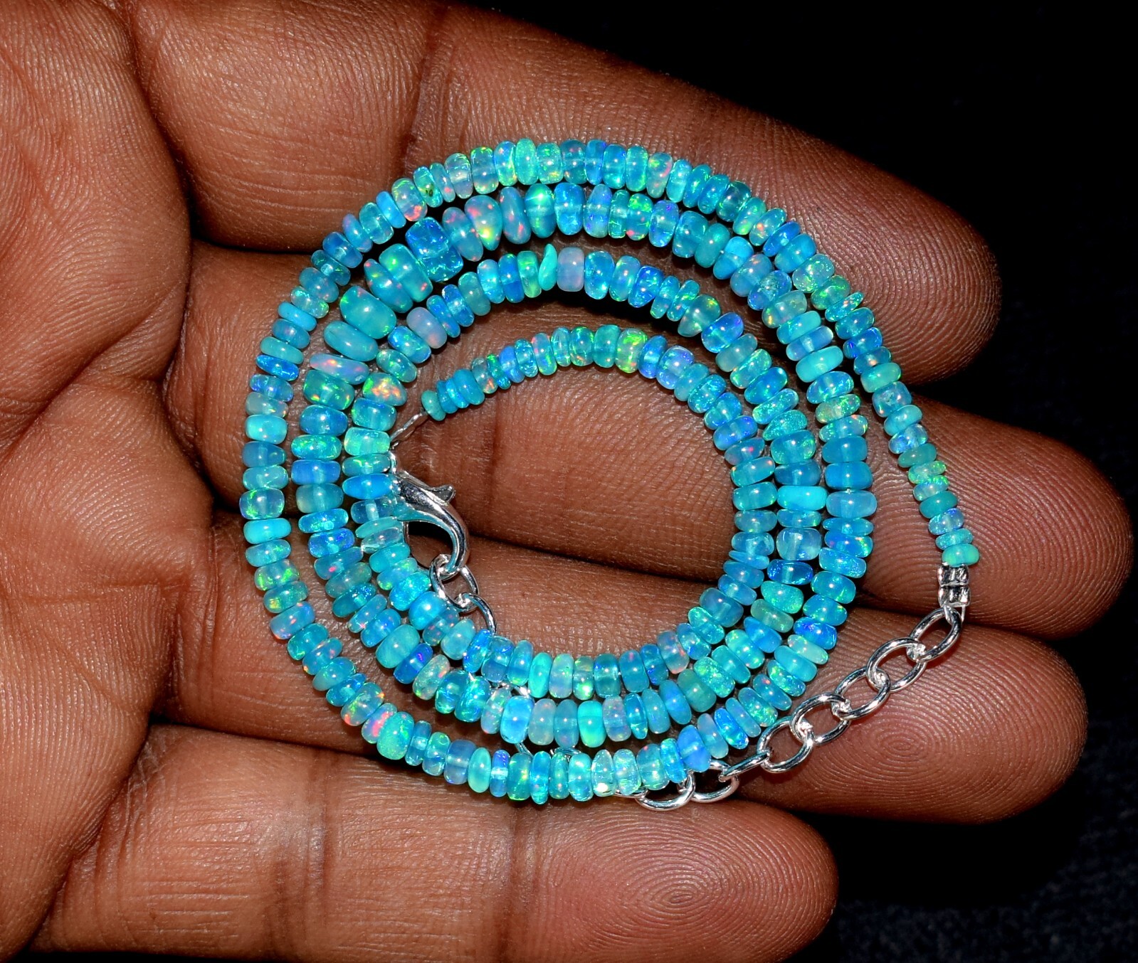 16″Natural Ethiopian Blue Opal Wello Fire Opal Gemstone Bead Necklace