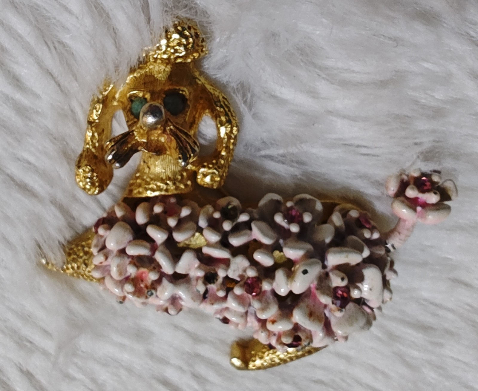 Signed Poodle Dog Brooch Pin Gold Tone Pink White Rhinestone Enamel 1.5 in
