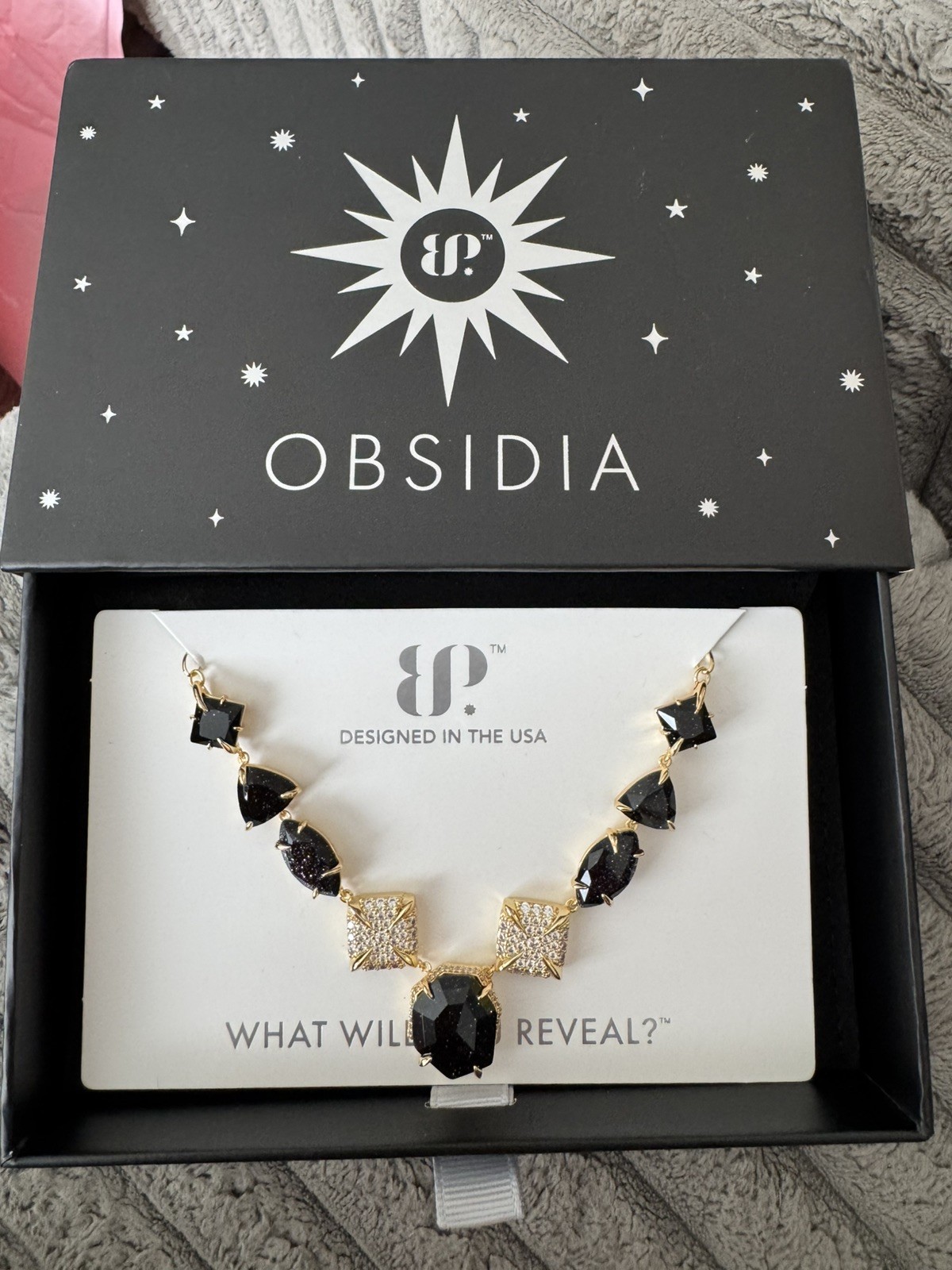 Bomb Party Obsidia “Celestial Throne” Necklace Onyx Sandstone On Gold NK62998 BL