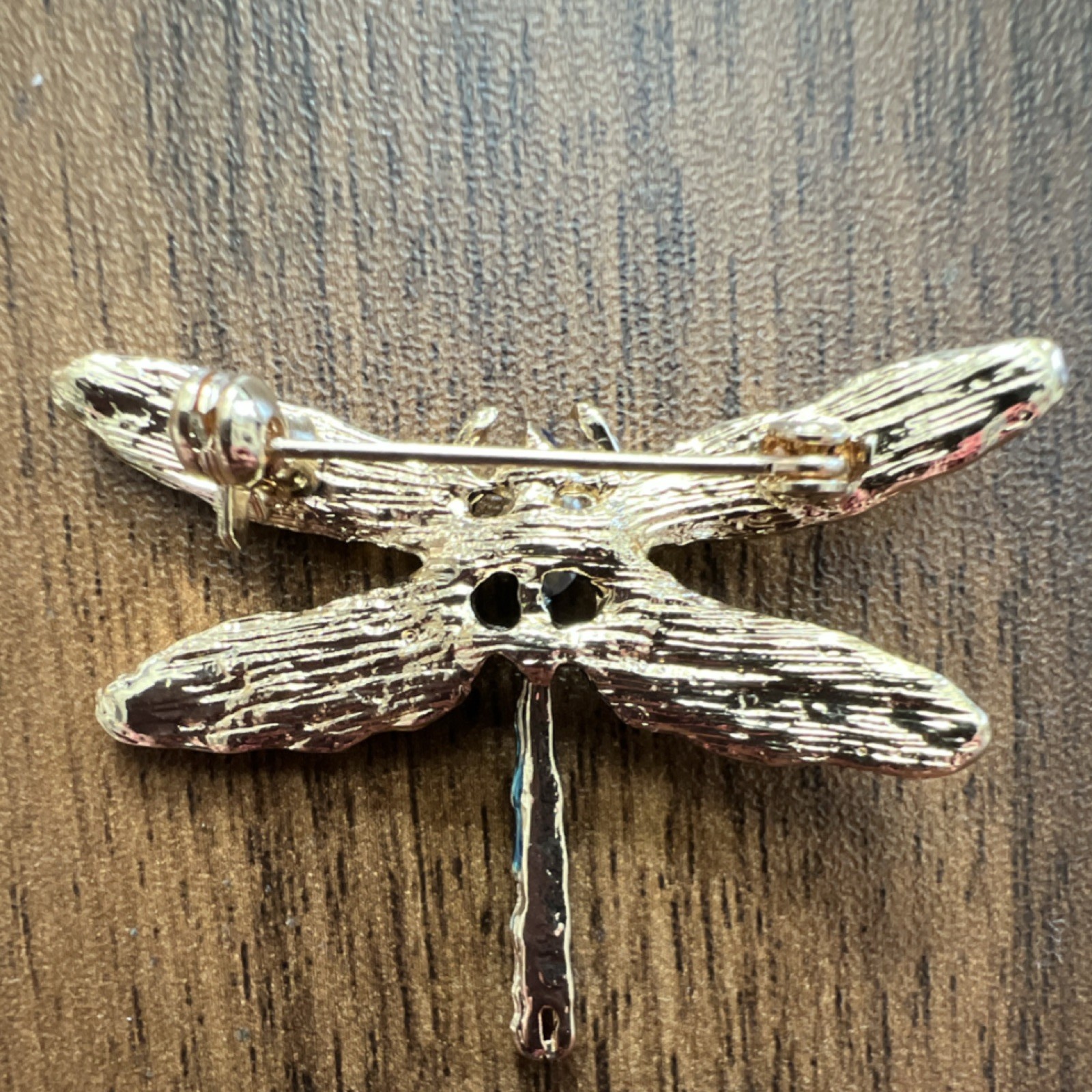 Dragonfly Brooch, Blue Green Gold Enamel Metal, Glass Oval Stone, 2 Inch