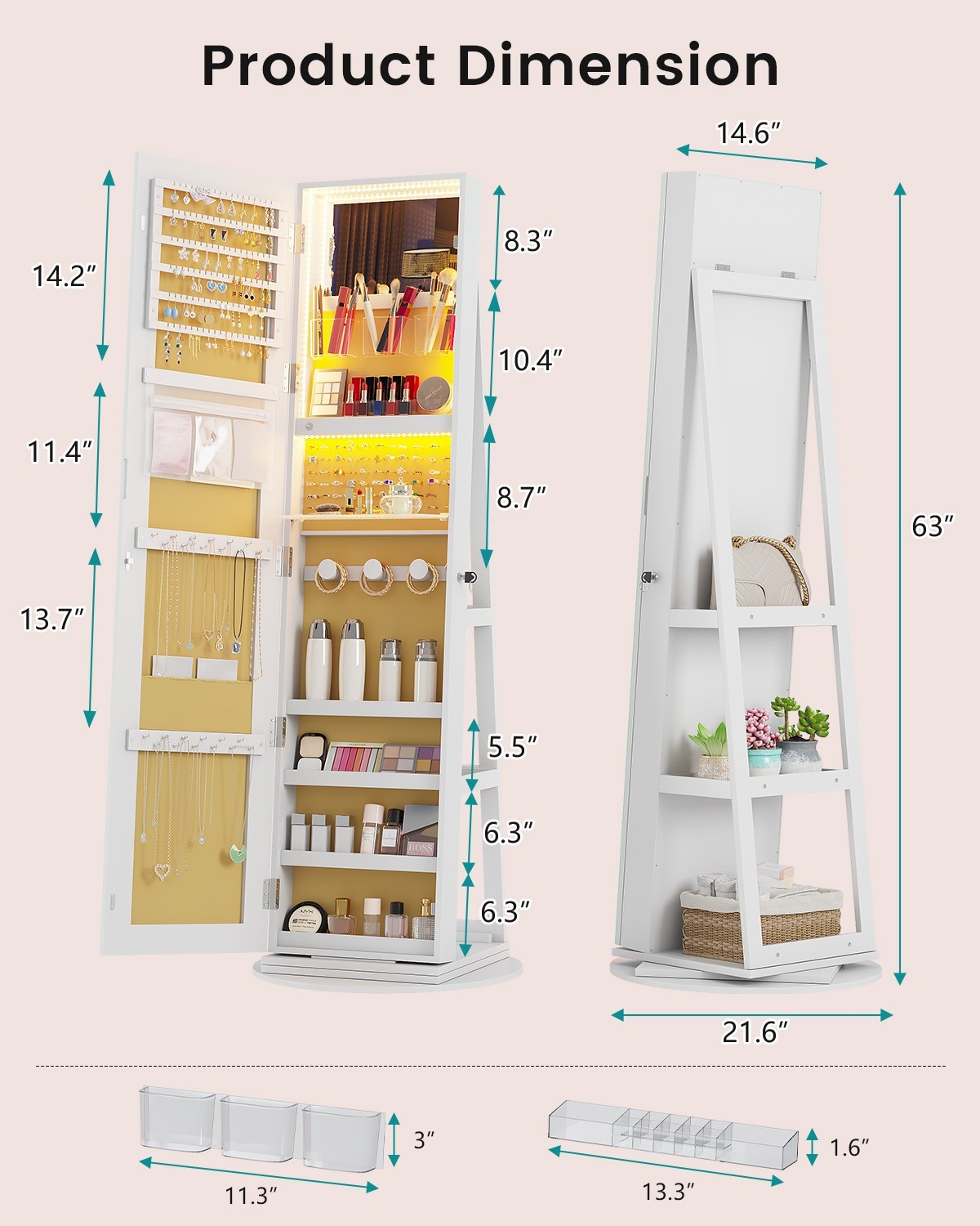 360° Rotating Jewelry Cabinet with Full Length Mirror, Standing Jewelry Organize