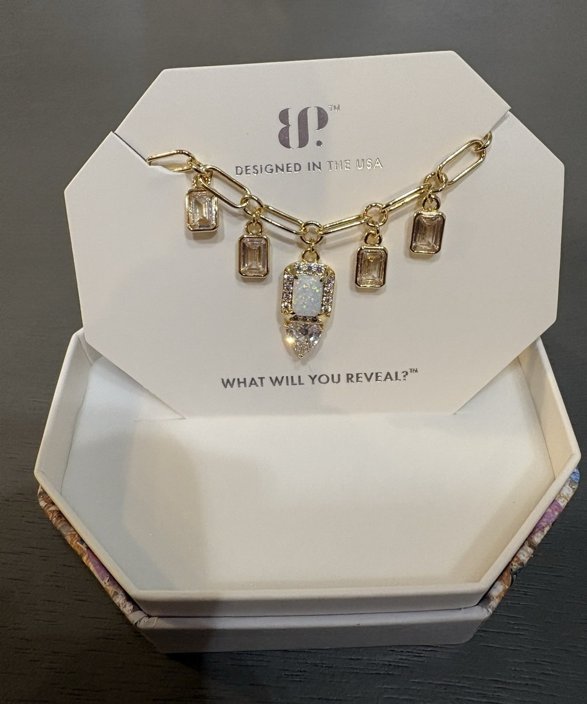 BP Gold Plated Lab-Created White Opal CZ Charm Pendant Necklace 18″ NK86438