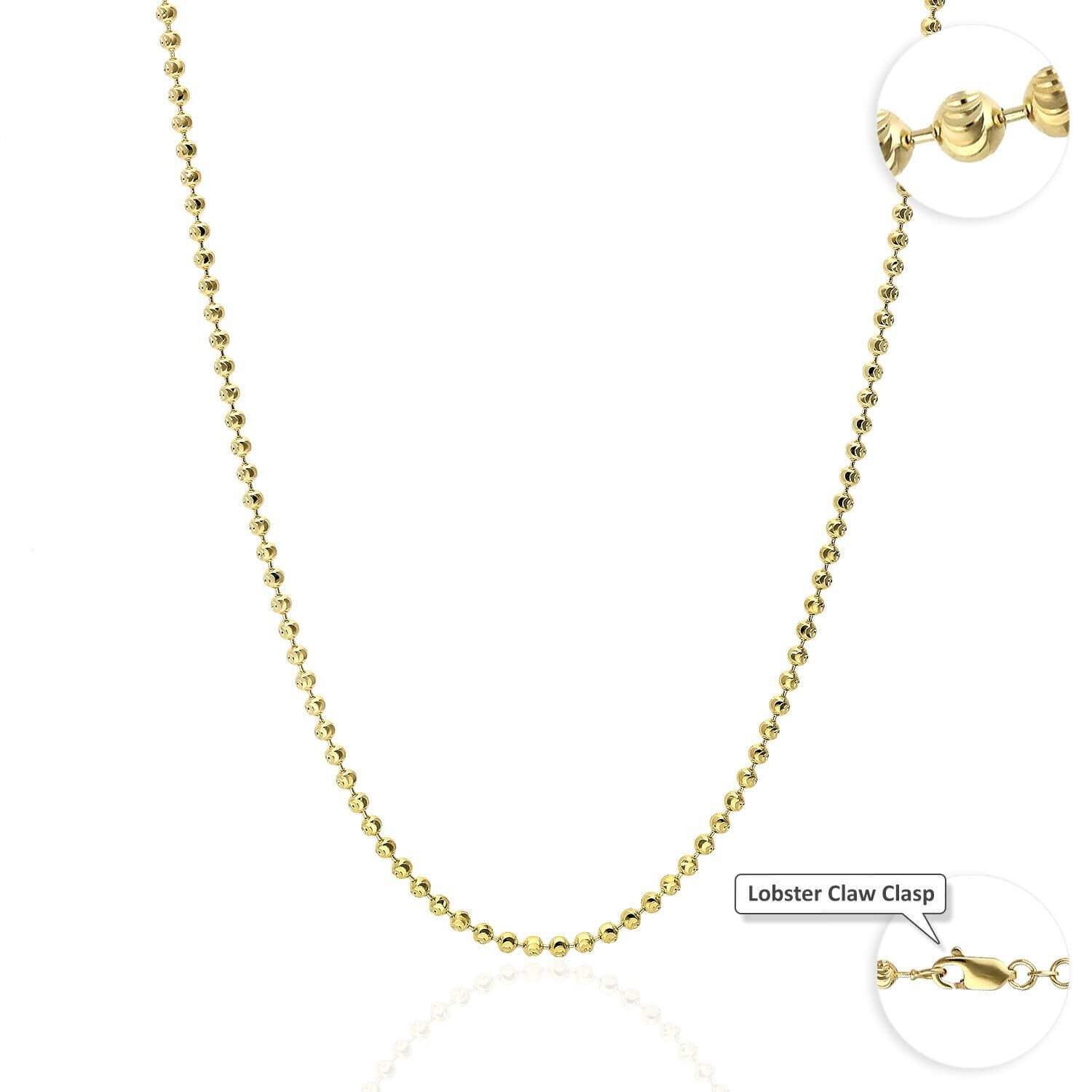 10K Yellow Gold 1.7-4mm Moon-Cut Beaded Dog Tag Chain (Solid Links) 16″-30″