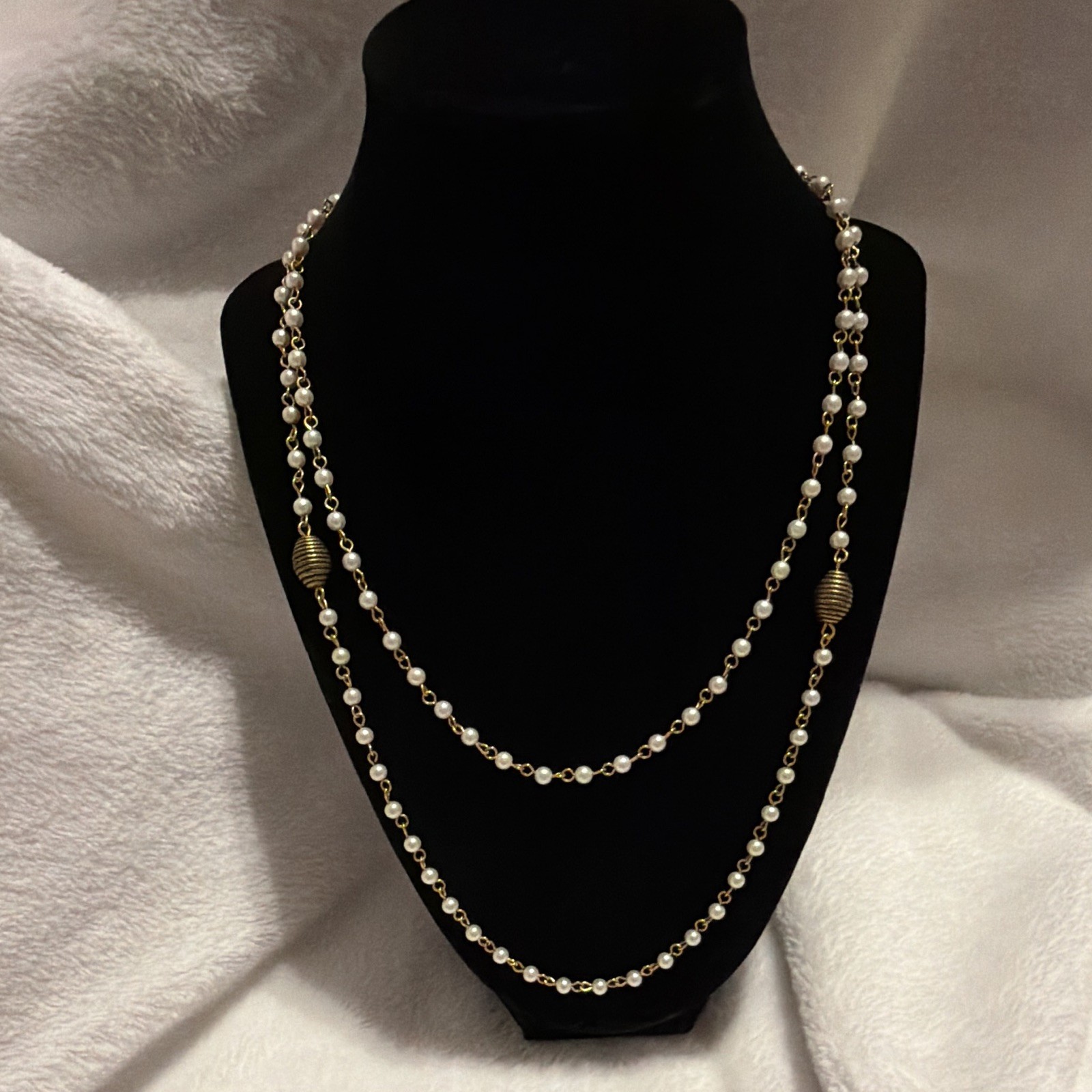 Gold Tone Layered White Faux Pearl Beaded Station Necklace Ball/Bead Chain